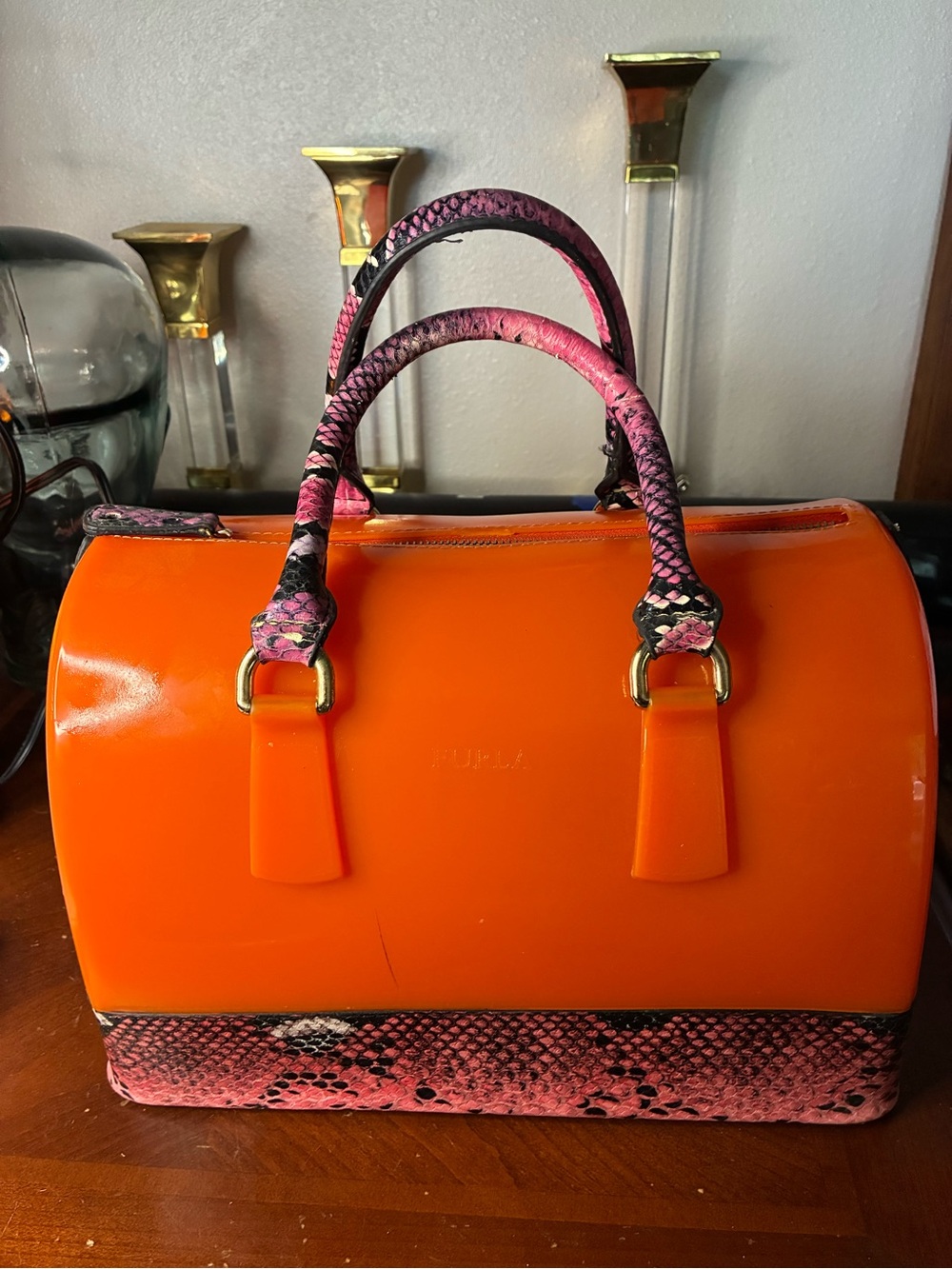 Furla Orange Jelly Satchel with Pink Snake-Print Trim